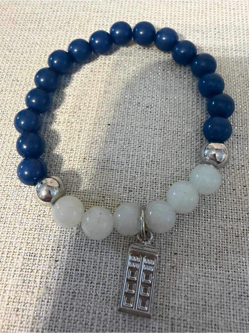 Doctor Who Blue and White Beaded Charm Bracelet with Silver Door Pendant
